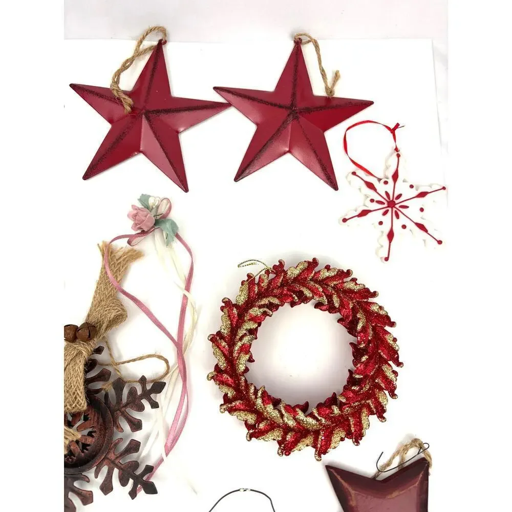 Lot of 22 Holiday Ornaments Christmas Stars Wooden Santa‎ Metal Bundle